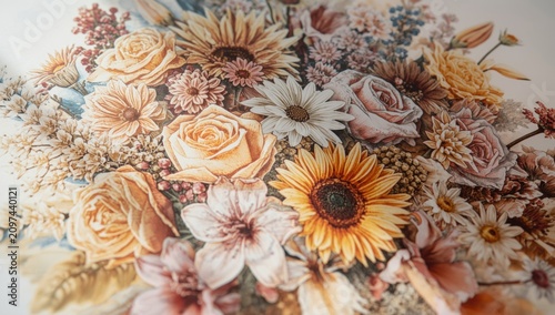 pencil art portraying a seasonally assorted flower bouquet with detail