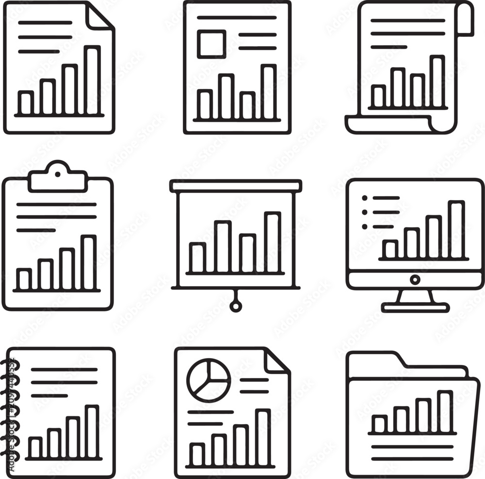 Obraz premium A set of black and white line art icons depicting various business documents and data.
