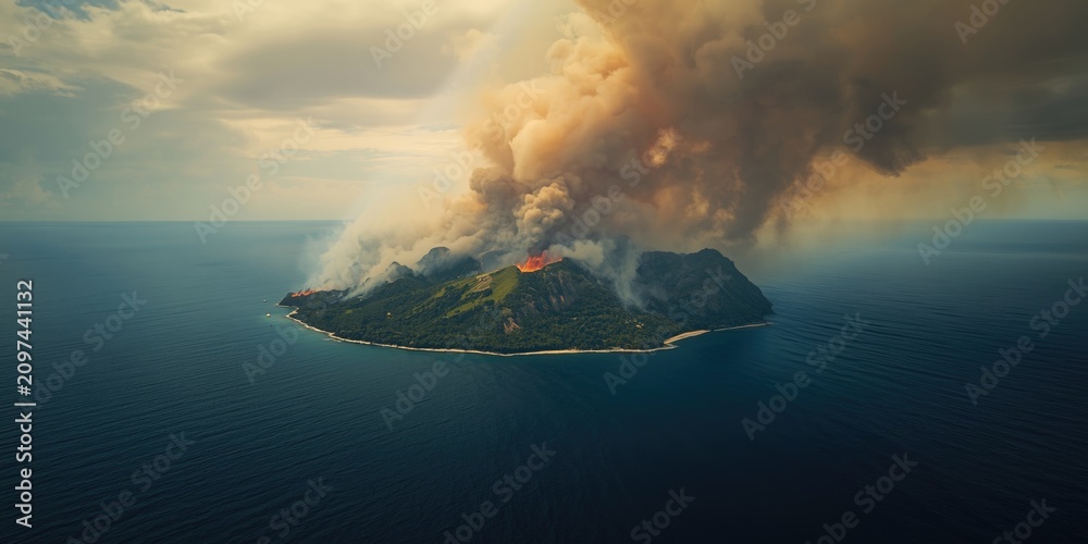 Fototapeta premium Volcano erupting on an island surrounded by ocean