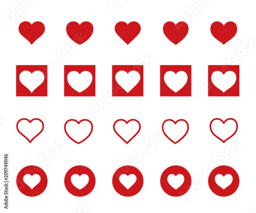 Red heart icons set vector, square, line, and circle.