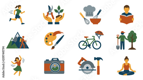 Various people engage in outdoor and creative activities with tools and hobbies.
