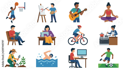 Vector illustration set of people engaging in various hobbies and activities indoors and outdoors with set vector elements.