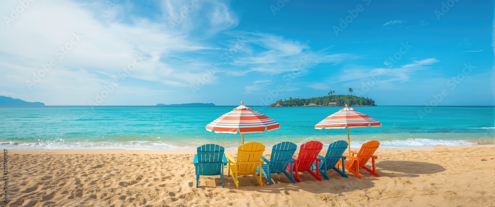 Obraz premium Colorful Beach Chairs with Umbrellas on Sandy Shoreline under Clear Blue Sky