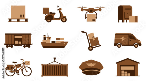 Logistics icons depict various delivery vehicles and packages in transit