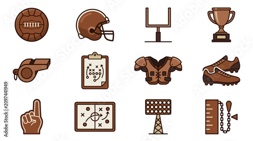 American football icons including ball, helmet, and trophy are shown.