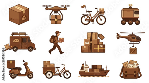 A set vector illustration shows various delivery methods with packages and boxes on different vehicles and by a person.