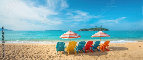 Colorful Beach Chairs with Umbrellas on Sandy Shoreline under Clear Blue Sky