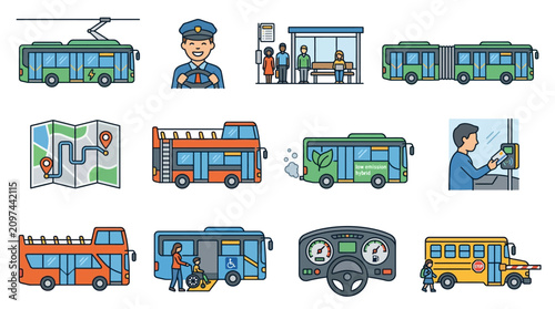 Vehicles and people interact on urban roads and bus stops daily with set vector graphics.