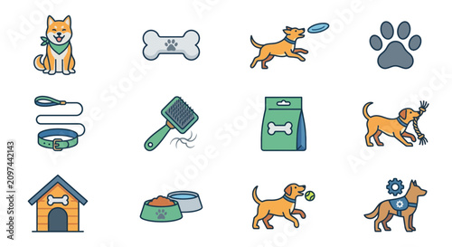A colorful illustration set of 12 icons featuring various dog-related items and actions.