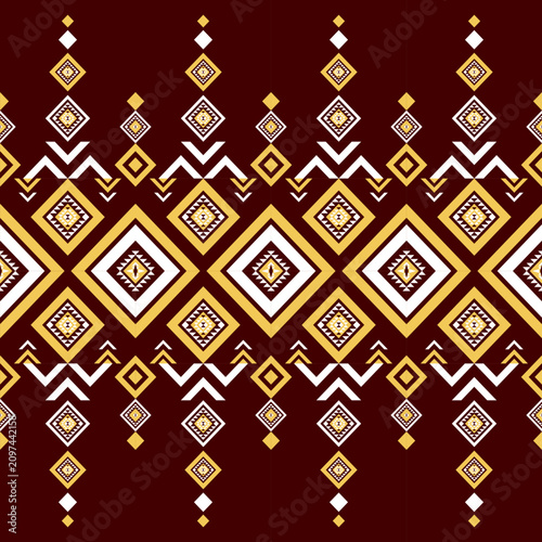 Seamless maroon, gold and white tribal geometric pattern featuring traditional ethnic diamond motifs, native folk-inspired sarong textile design for fabric.