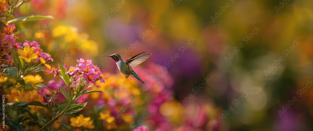 Fototapeta premium Hummingbird Feeding on Colorful Flowers in a Vibrant Garden Setting