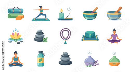 Meditation session with bowls and stones in a serene natural setting outdoors
