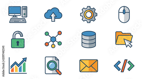 A set of modern vector icons depicting various technology and business concepts in a simple style for use in set vector 99.eps