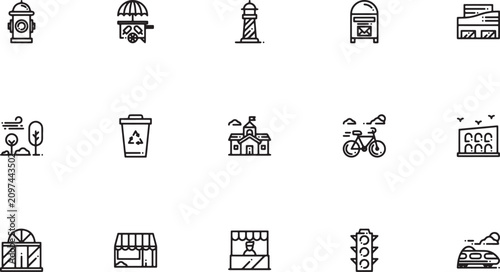 Bilde på lerret Public City Facilities icon set highlighting essential urban services featuring
