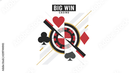 Big Win Casino vector poster featuring classic playing card suits roulette wheel and dynamic geometric lines.