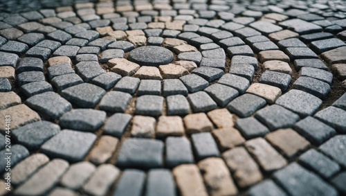 Stone road texture. Stone walk background. Granite cobblestoned pavement background. Rough brick road. Sidewalk. Stone cladding pavement.