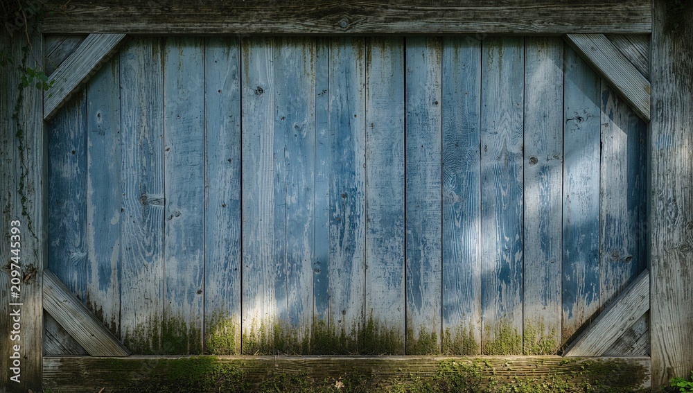 Naklejka premium Weathered Blue Wooden Fence Panel with Rustic Texture and Natural Shadows