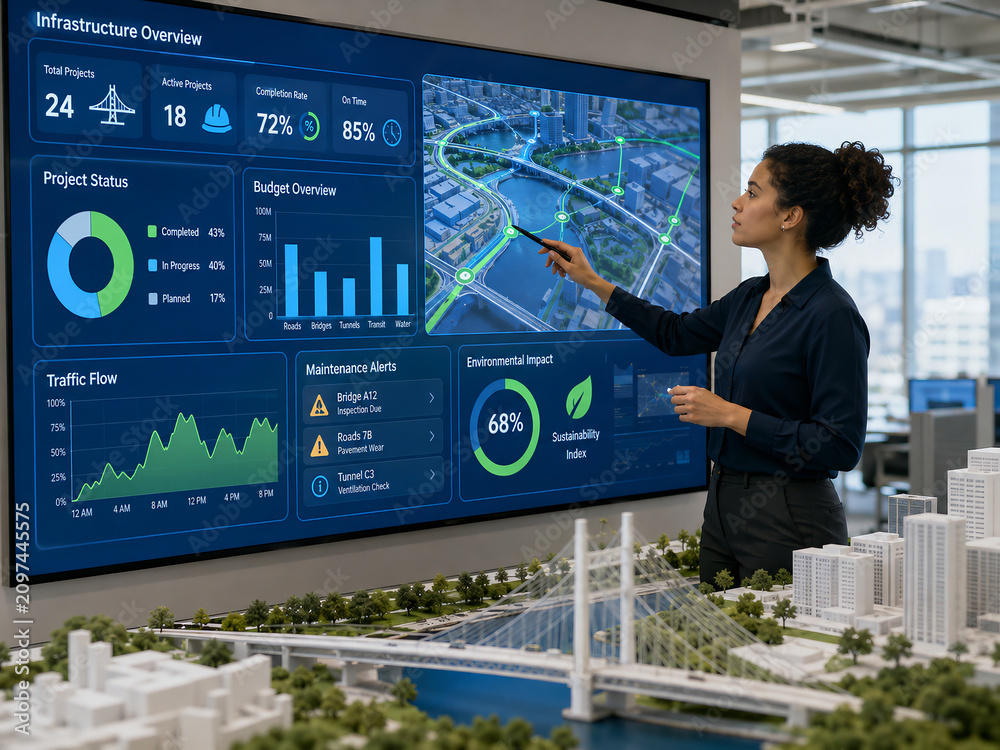 Professional urban planner presenting smart city infrastructure data on a large digital screen