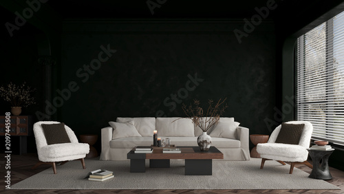 The house and living and mid modern century decor style and white sofa set mock up and green wall. 3d render