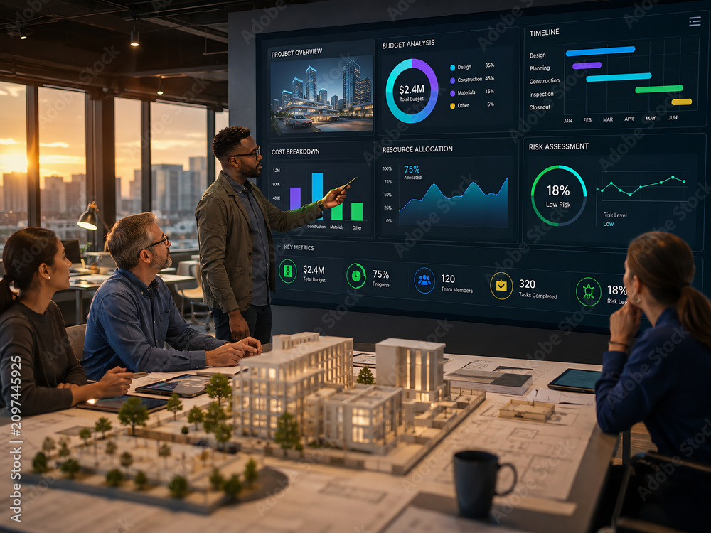 Professional team of architects and project managers discussing construction progress using digital dashboard