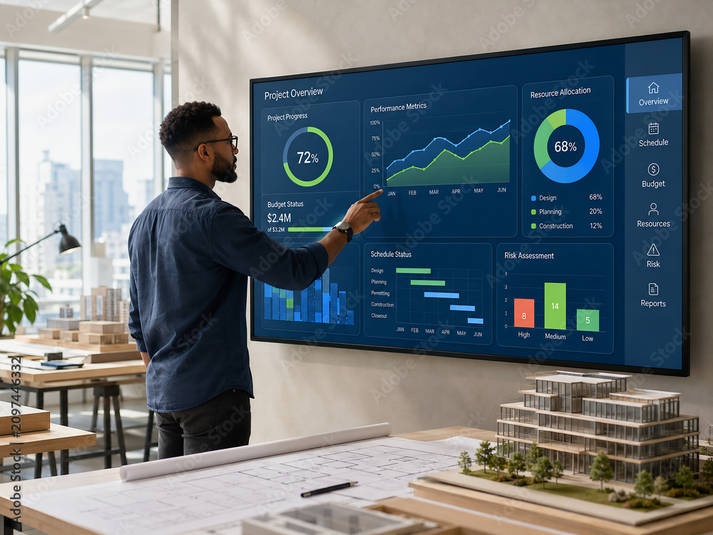 Architect analyzing project management data on large digital screen in office