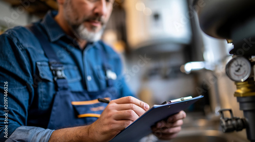 Faceless handyman holding a clipboard while checking plumbing maintenance points in a house, documentary-style maintenance scene with believable home interior details and practical service