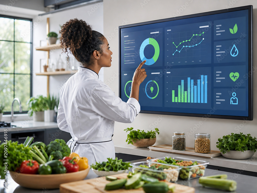 Professional Chef Analyzing Nutritional Data on Digital Wall Display in Modern Kitchen