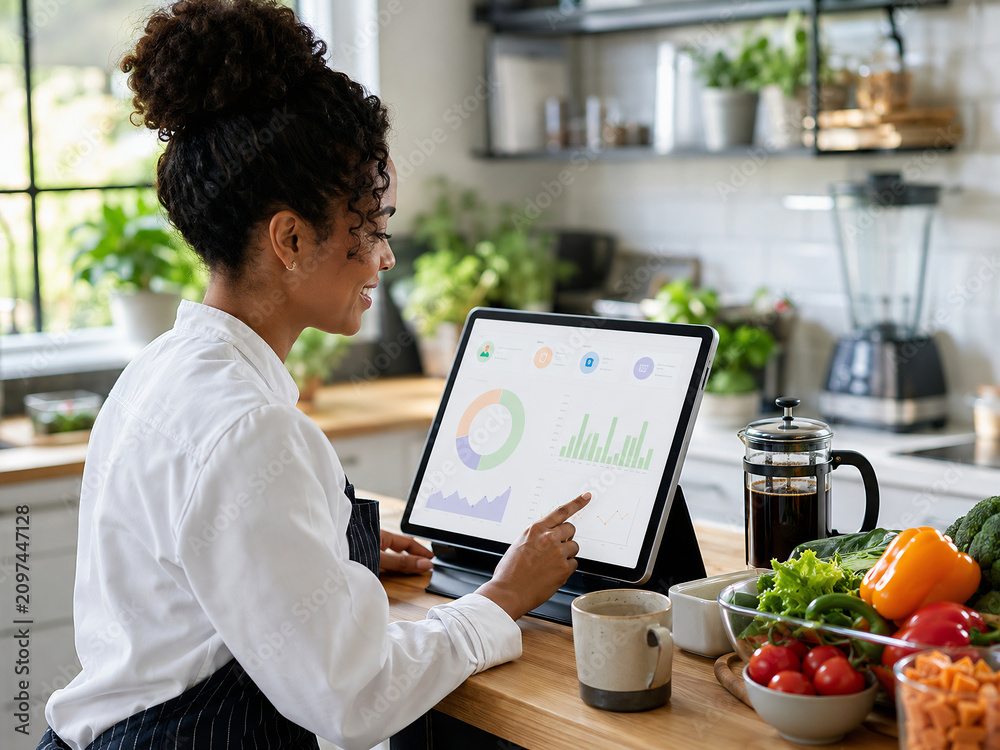 Young entrepreneur analyzing business charts on a tablet in a modern kitchen