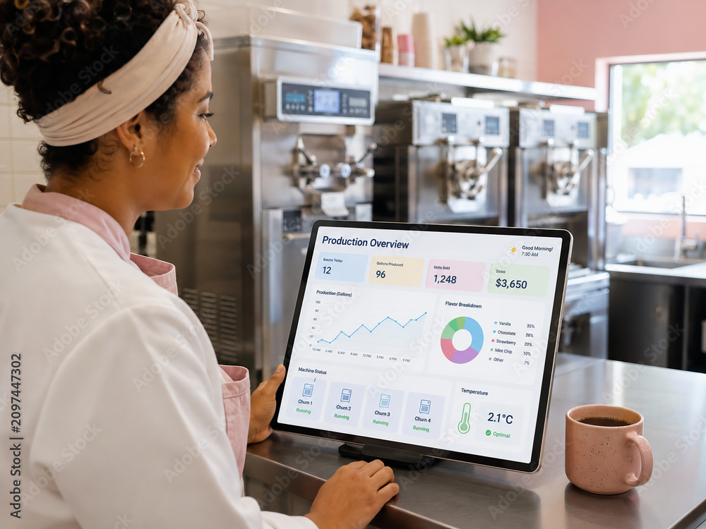 Ice cream shop owner monitoring production data on a digital tablet