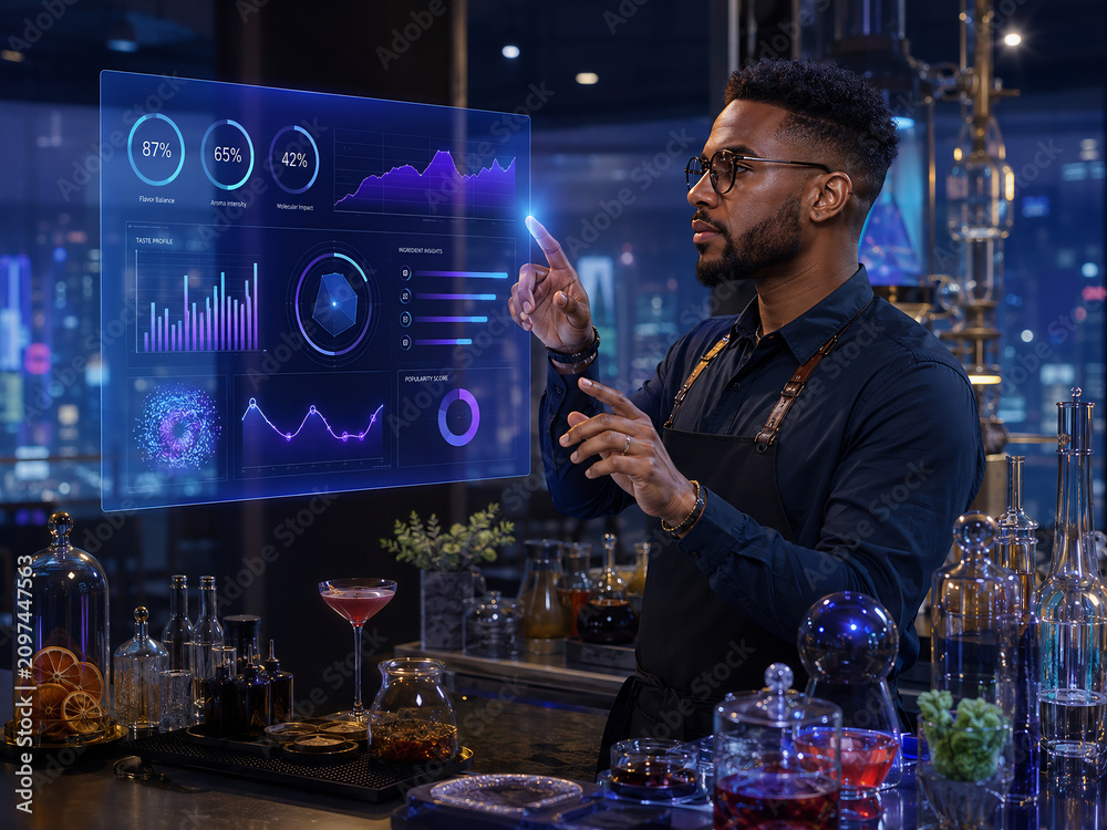 Professional bartender analyzing cocktail flavor profile with holographic data interface in a modern bar