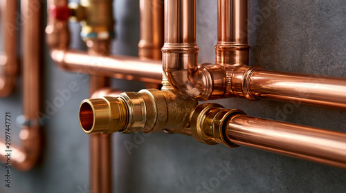 Copper tubing from a residential heating system arranged along an interior wall, documentary-style maintenance scene with believable home interior details and practical service workflow,