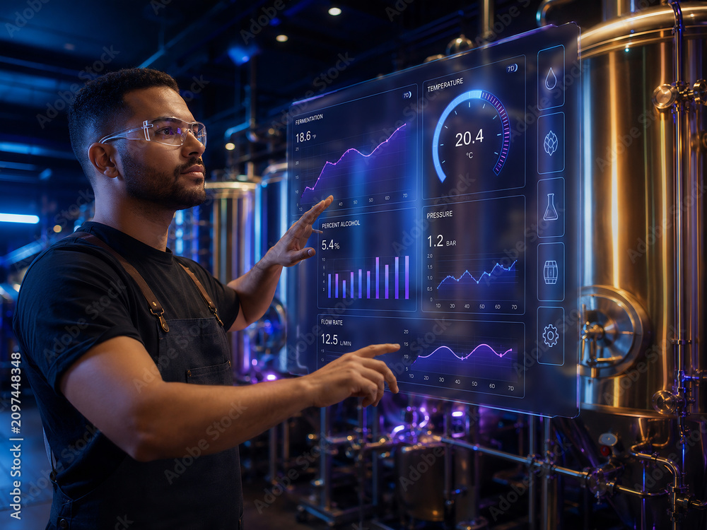 Brewmaster interacting with digital holographic dashboard for brewery production monitoring
