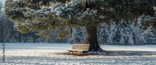 Snow-Covered Bench Under a ...