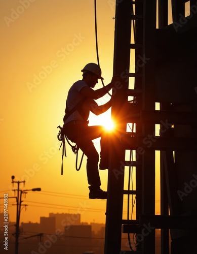 Worker Climbing Construction Scaffold at Sunset with City Skyline in Background