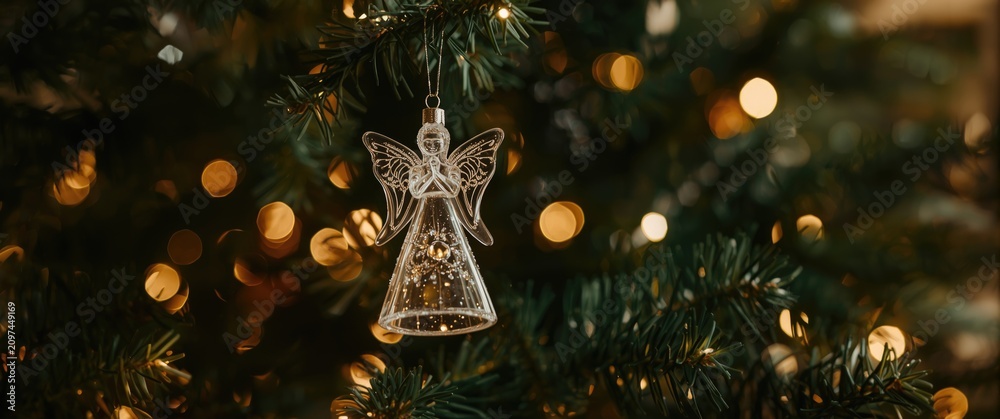 Fototapeta premium Christmas Angel Ornament Hanging on a Tree with Warm Light Background