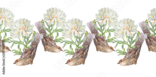 Bild auf Leinwand Watercolor seamless border with milk peony and bird nightingale on white background