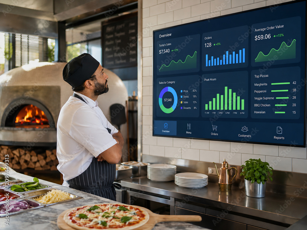Professional chef monitoring restaurant business analytics dashboard in a pizzeria kitchen