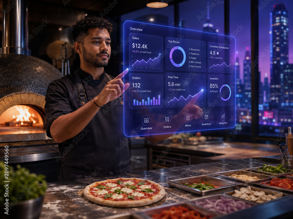 Professional chef using digital holographic dashboard for pizza restaurant management