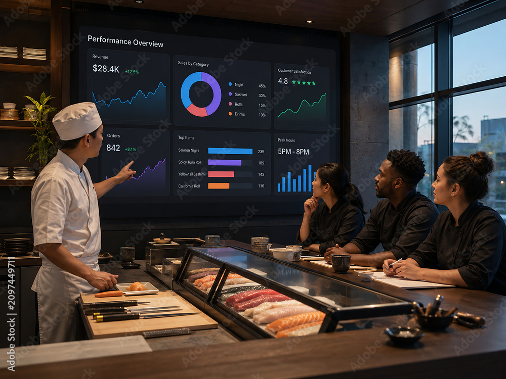 Professional sushi chef presenting performance metrics to restaurant staff