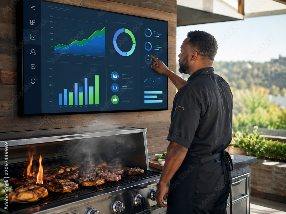 Professional chef grilling meat while monitoring business data analytics on a digital screen