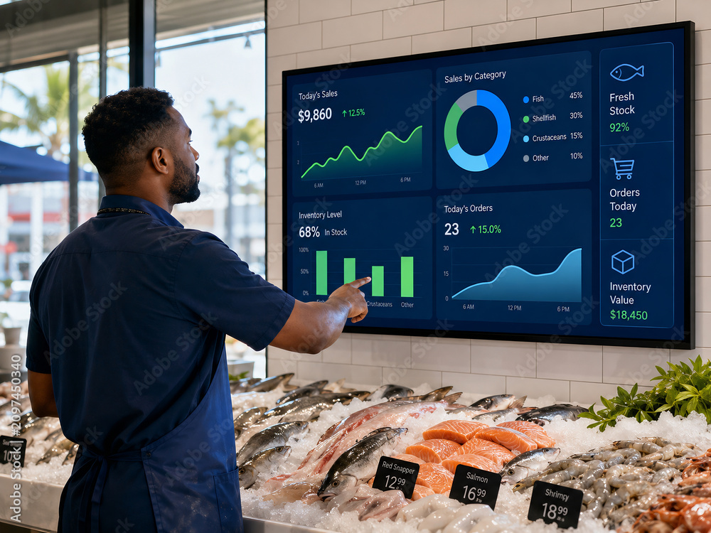 Fishmonger using digital dashboard to monitor seafood inventory and sales