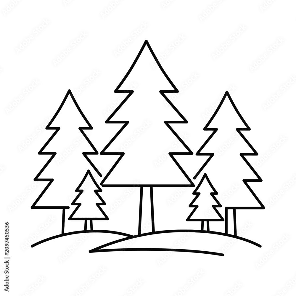 Obraz premium Conifer Forest Illustration: A minimalist line art depiction of a cluster of conifer trees of varying sizes, standing on undulating ground, evoking a serene forest landscape.