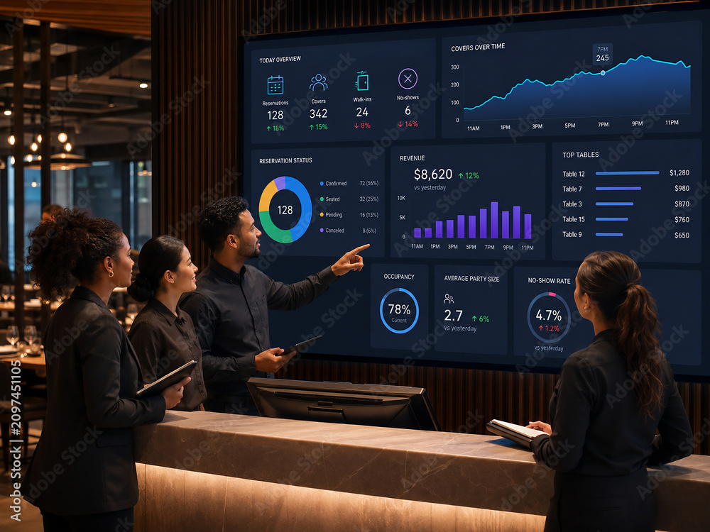 Professional restaurant management team analyzing reservation data on a large digital dashboard