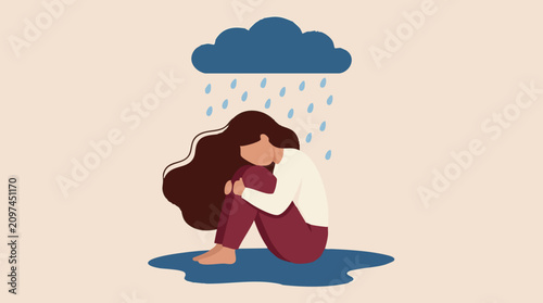 Konstfotografi Sad woman sitting under rain cloud, symbolizing depression and mental health