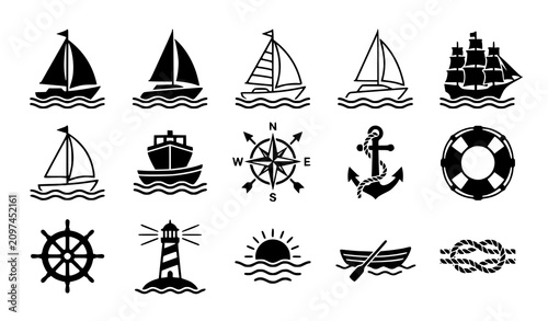 Foto Black sailboat on waves vector icon set isolated on white