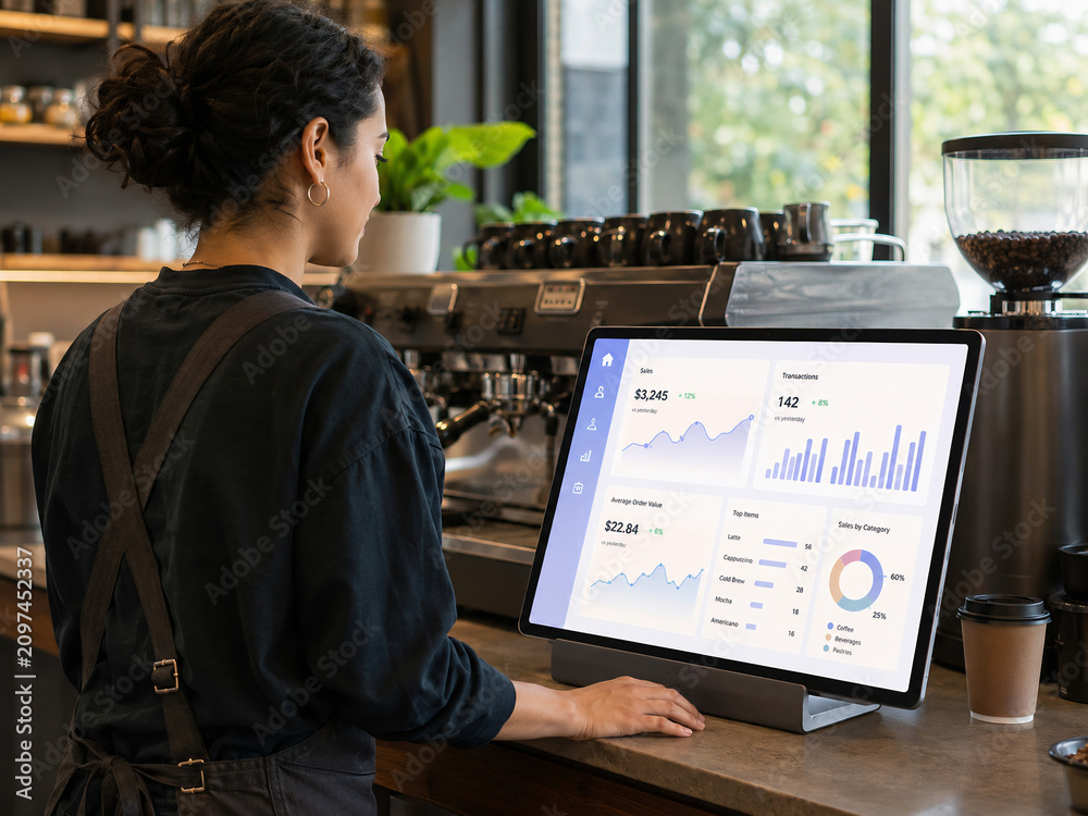 Barista using a digital point of sale system with analytics dashboard in a coffee shop