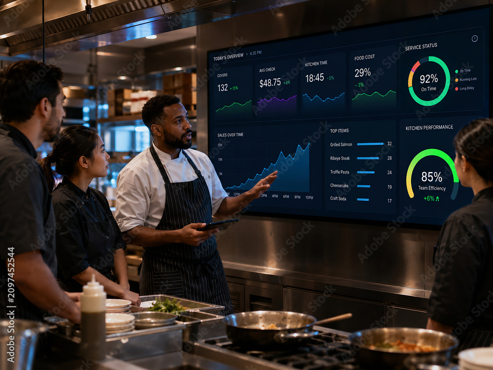 Professional restaurant team analyzing kitchen performance dashboard in a commercial kitchen