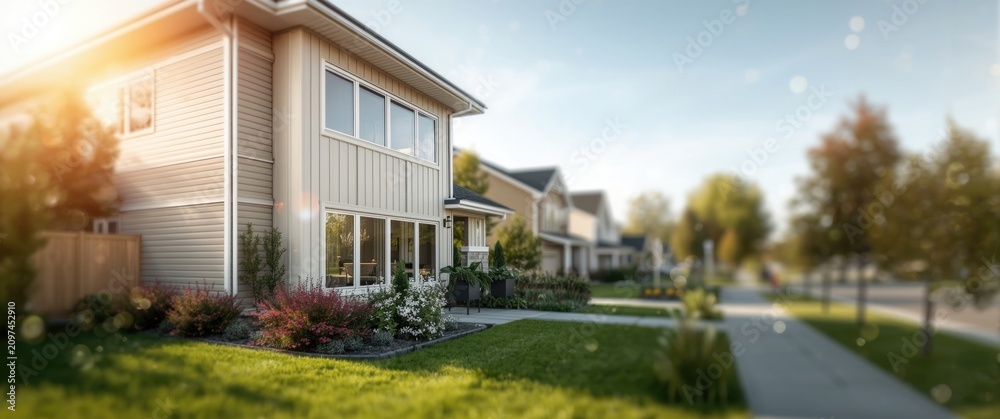 Fototapeta premium Modern Suburban House with Garden - Afternoon Light, Soft Focus, Inviting Atmosphere