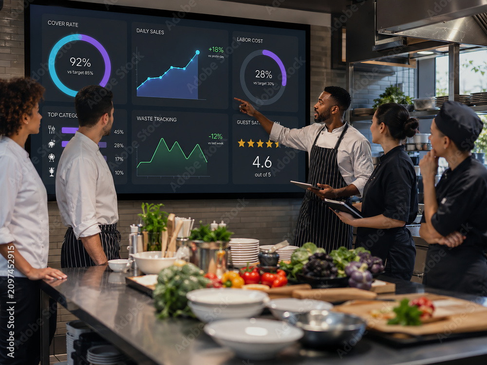 Professional restaurant team analyzing kitchen performance metrics on a digital dashboard