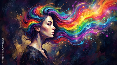 Woman Profile with Flowing Rainbow Colorful Hair and Cosmic Starry Background
